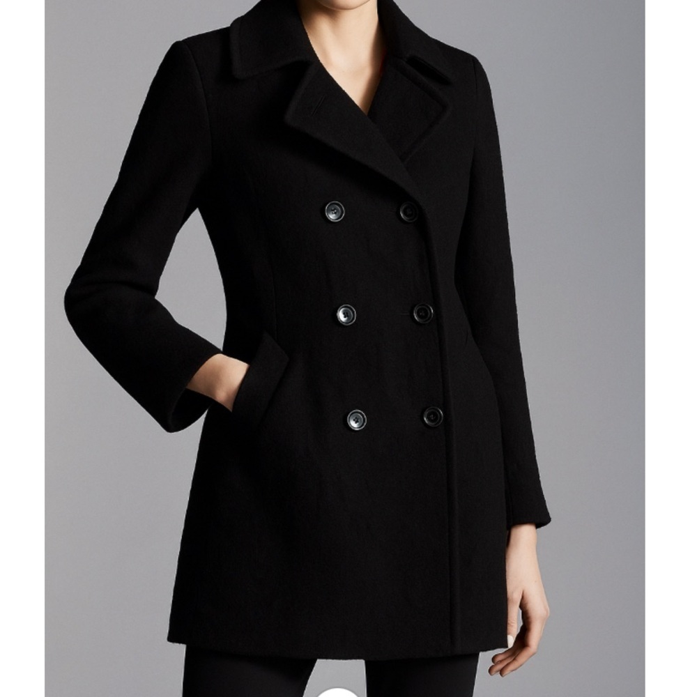 Vtg Fabio Wool Elegant Black Double-Breasted Black Peacoat Office Siren Coat L